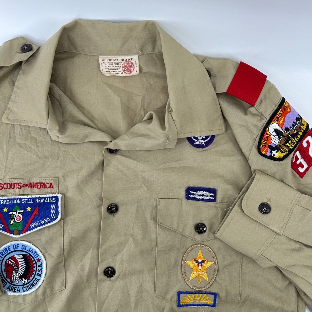 Boy Scouts of America Uniform Shirt Mens M Tan Long Sleeve Patches Vintage BSA
